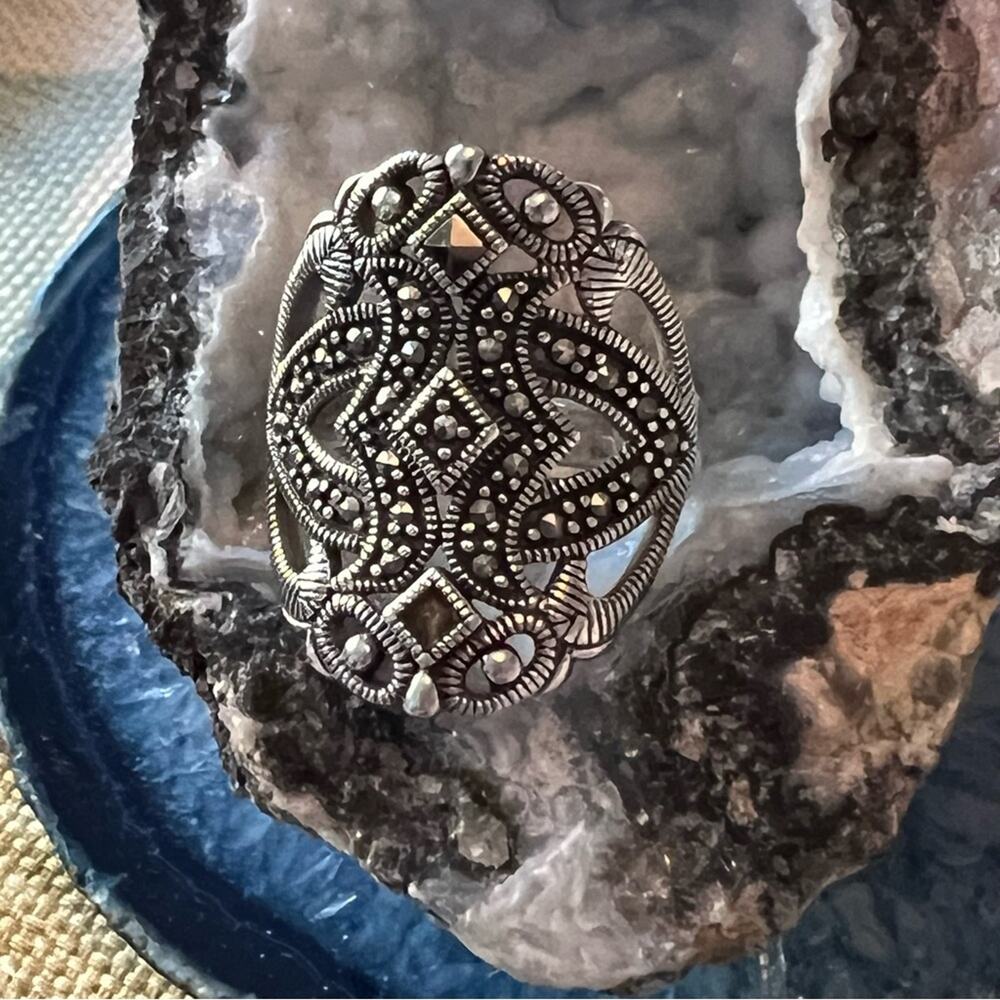 925 Sterling Silver Marcasite Ring Size 6.5 - Picture 5 of 11